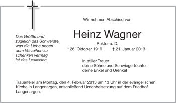 Anzeige von Heinz Wagner von Schwäbische Zeitung