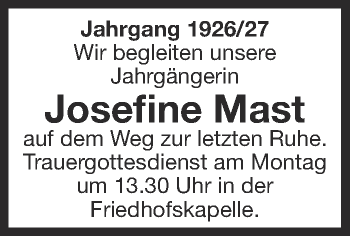 Anzeige von Josefine Mast von Schwäbische Zeitung