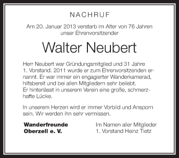 Anzeige von Walter Neubert von Schwäbische Zeitung