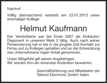 Anzeige von Helmut Kaufmann von Schwäbische Zeitung