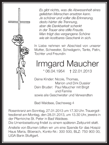 Anzeige von Irmgard Maucher von Schwäbische Zeitung