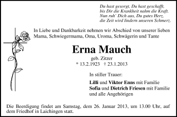 Anzeige von Erna Mauch von Schwäbische Zeitung