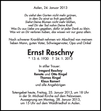 Anzeige von Ernst Reschny von Schwäbische Zeitung