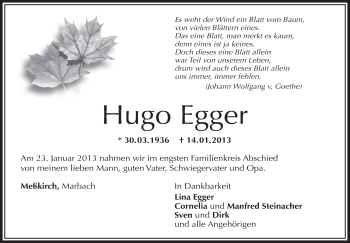 Anzeige von Hugo Egger von Schwäbische Zeitung