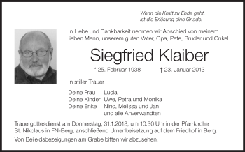 Anzeige von Siegfried Klaiber von Schwäbische Zeitung