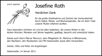 Anzeige von Josefine Roth von Schwäbische Zeitung