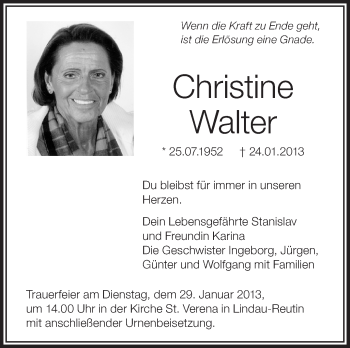 Anzeige von Christine Walter von Schwäbische Zeitung