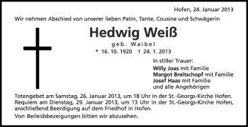 Anzeige von Hedwig Weiß von Schwäbische Zeitung