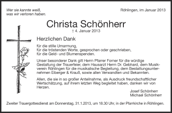 Anzeige von Christa Schönherr von Schwäbische Zeitung