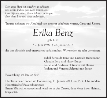 Anzeige von Erika Benz von Schwäbische Zeitung