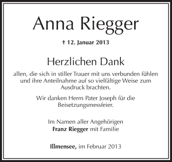 Anzeige von Anna Riegger von Schwäbische Zeitung