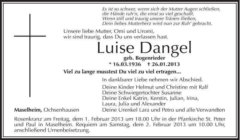 Traueranzeige für Luise Dangel vom 31.01.2013 aus Schwäbische Zeitung