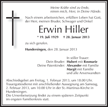 Anzeige von Erwin Hiller von Schwäbische Zeitung