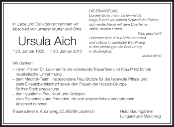 Anzeige von Ursula Aich von Schwäbische Zeitung