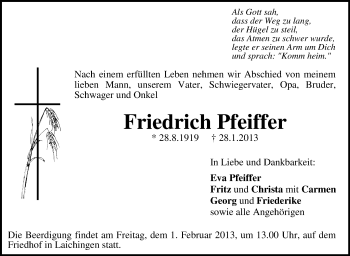 Anzeige von Friedrich Pfeiffer von Schwäbische Zeitung