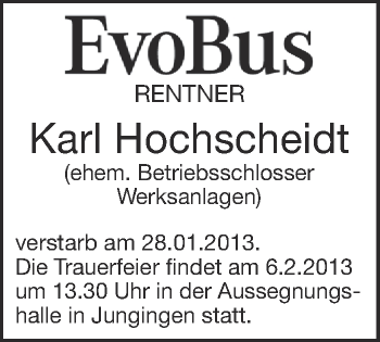 Anzeige von Karl Hochscheidt von Schwäbische Zeitung