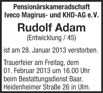 Anzeige von Rudolf Adam von Schwäbische Zeitung