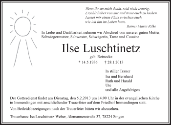 Anzeige von Ilse Luschtinetz von Schwäbische Zeitung