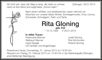 Anzeige von Rita Gloning von Schwäbische Zeitung