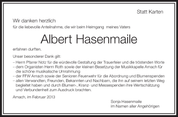 Anzeige von Albert Hasenmaile von Schwäbische Zeitung