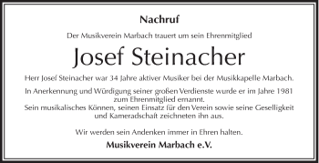 Anzeige von Josef Steinacher von Schwäbische Zeitung