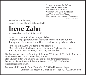 Anzeige von Irene Zahn von Schwäbische Zeitung