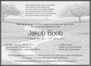 Anzeige von Jakob Boob von Schwäbische Zeitung