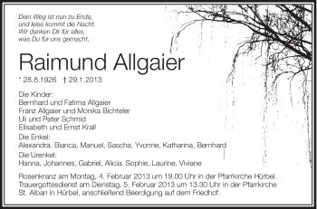 Anzeige von Raimund Allgaier von Schwäbische Zeitung