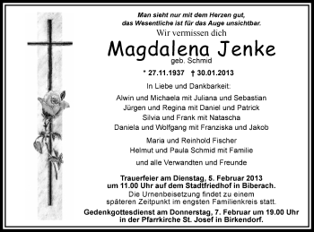 Anzeige von Magdalena Jenke von Schwäbische Zeitung