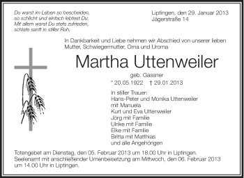 Anzeige von Martha Uttenweiler von Schwäbische Zeitung