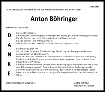 Anzeige von Anton Böhringer von Schwäbische Zeitung