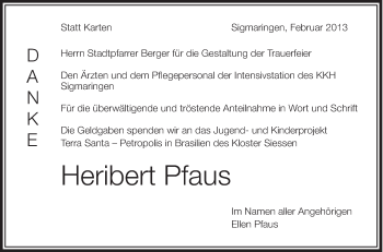 Anzeige von Heribert Pfaus von Schwäbische Zeitung