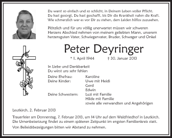 Anzeige von Peter Deyringer von Schwäbische Zeitung