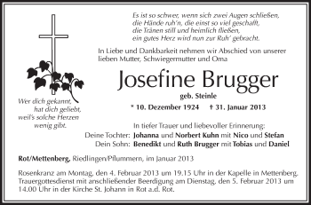 Anzeige von Josefine Brugger von Schwäbische Zeitung