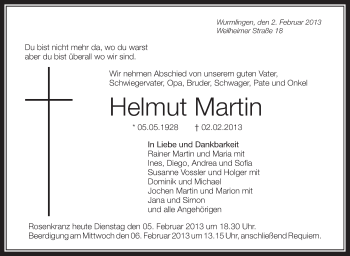 Anzeige von Helmut Martin von Schwäbische Zeitung