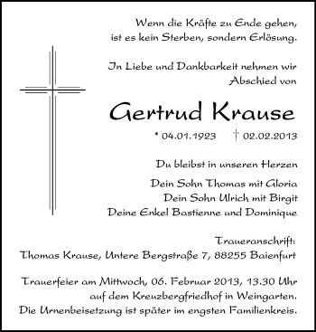 Anzeige von Gertrud Krause von Schwäbische Zeitung