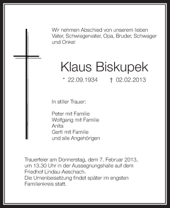 Anzeige von Klaus Biskupek von Schwäbische Zeitung