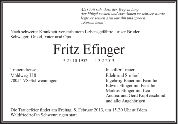 Anzeige von Fritz Efinger von Schwäbische Zeitung