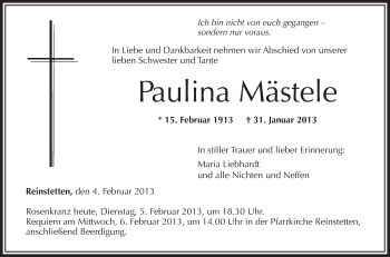 Anzeige von Paulina Mästele von Schwäbische Zeitung
