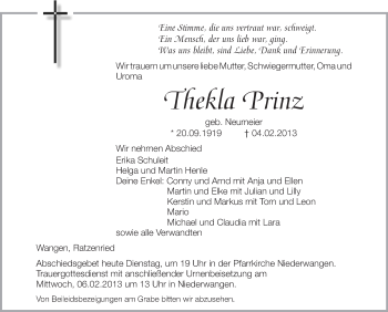 Anzeige von Thekla Prinz von Schwäbische Zeitung