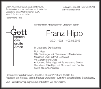 Anzeige von Franz Hipp von Schwäbische Zeitung