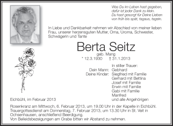 Anzeige von Berta Seitz von Schwäbische Zeitung