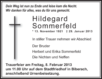 Anzeige von Hildegard Sommerfeld von Schwäbische Zeitung