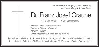 Anzeige von Franz Josef Graune von Schwäbische Zeitung
