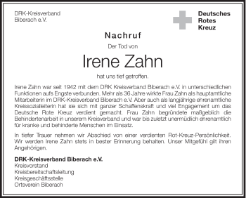 Anzeige von Irene Zahn von Schwäbische Zeitung