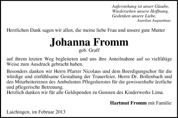 Anzeige von Johanna Fromm von Schwäbische Zeitung