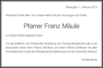 Anzeige von Franz Mäule von Schwäbische Zeitung