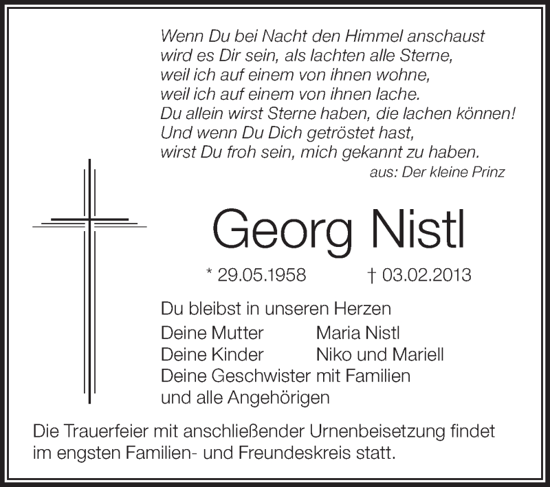  Traueranzeige für Georg Nistl vom 07.02.2013 aus Schwäbische Zeitung