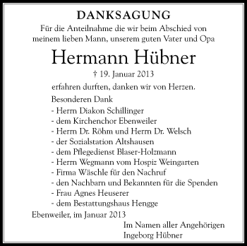 Anzeige von Hermann Hübner von Schwäbische Zeitung