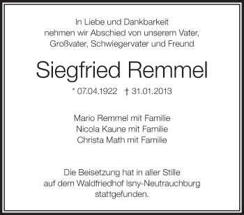 Anzeige von Siegfried Remmel von Schwäbische Zeitung